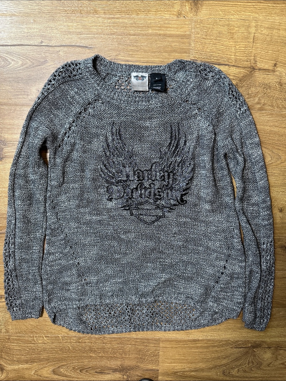 Harley-Davidson Women's Heather Gray Open-Knit Crew Sweater, Winged Logo Small